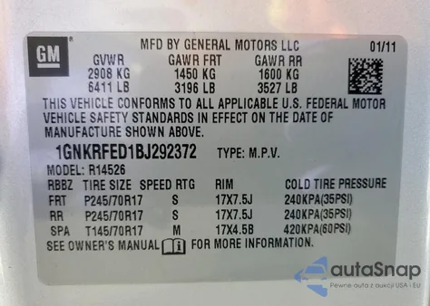 2011 Chevrolet Traverse Ls from USA, damaged, VIN 1GNKRFED1BJ292372